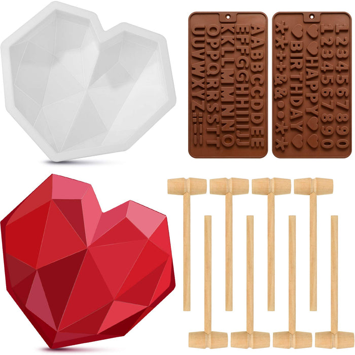 Diamond Heart Molds Chocolate Silicone Molds 2 Pieces Letter Number  Chocolate Mold 2 Pieces Wooden Hammers and 2 Pieces Droppers for Dessert  Mousses