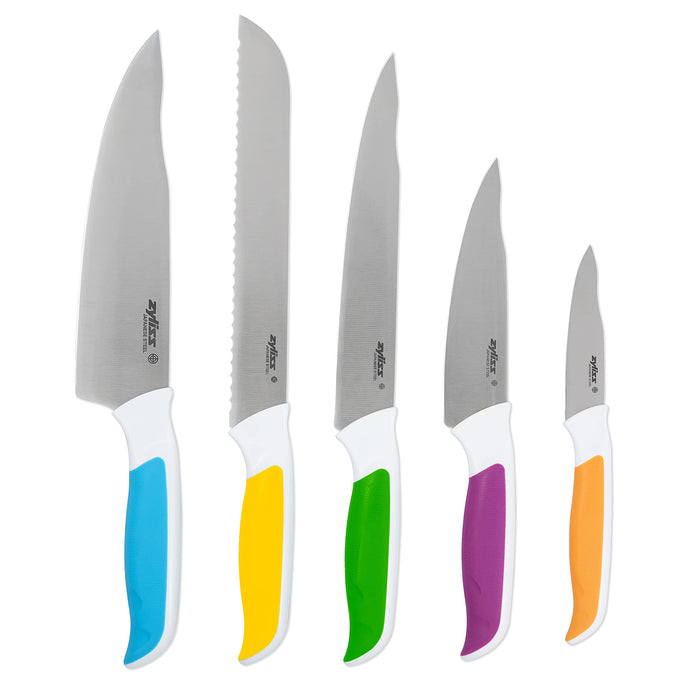 Zyliss E920247 Comfort 5 Piece Knife Set | Multiple Sizes | Japanese Stainless Steel | Multicolour | Knife Block Set With Knives | Includes 5 x Kitchen Knives | 5 Year , Dishwasher Safe