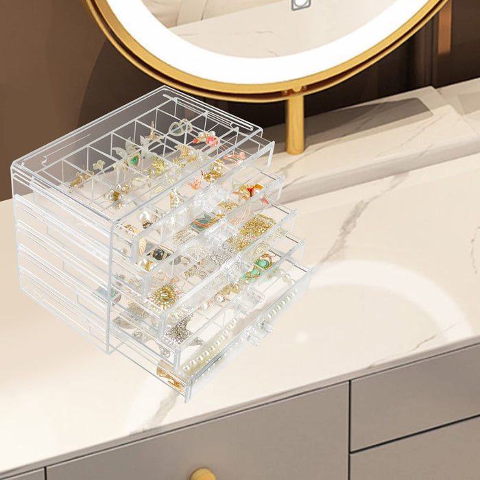 FEISCON Acrylic Jewelry Organizer Makeup Cosmetic Storage Organizer Box Clear Jewelry Case with 3 Drawers Adjustable Jewelry Box