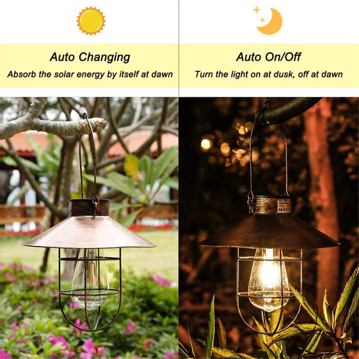 Aprjv Solar Lantern Outdoor Hanging Solar Lamp, Waterproof Metal Solar Lights with Clear Glass ,LED Edison Bulbs for Yard Patio Proch Decor (Black)