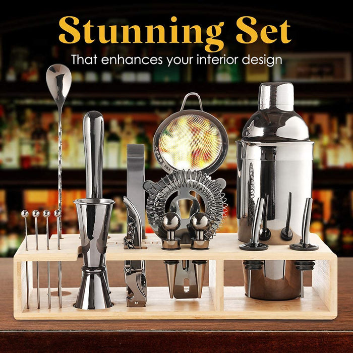 Mixeries Mixology Bartender Kit with Stand - 19 Piece Bar Set Cocktail Shaker Set Drink Mixer Set for Home Bar with All Bar Accessories - Bar Tool Set