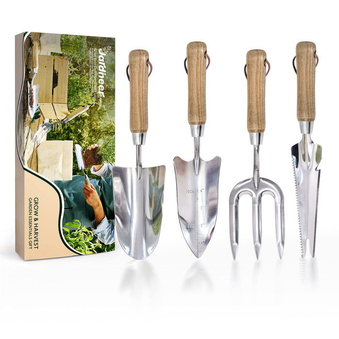 Jardineer Garden Hand Tools, Stainless Steel Hand Trowel Set 4Pcs, Garden Tools Set with Wooden Handle, Heavy Duty Gardening Hand Tools