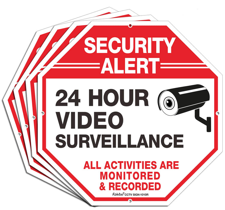 (4 Pack) Security Alert, 24 Hour Video Surveillance, All Activities Monitored Signs,10 x 10 .040 Aluminum Reflective Warning Sign for Home Business CCTV Security Camera, Indoor or Outdoor Use