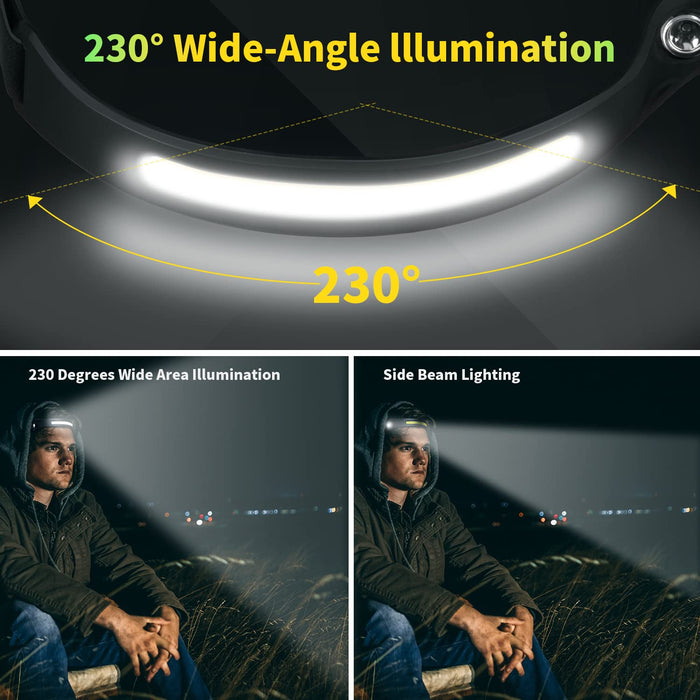 Led Headlamp Rechargeable Pack, 230° Wide Beam Headband Light, Motion Sensor Head Lamps for Adults, Strip Cob Bright Headlamp Pro, Head Light Flash - 4