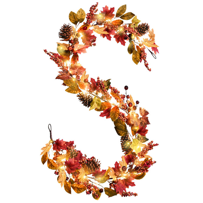 DDHS Fall Garland with Lights, 6Ft Artificial Fall Maple Leaves Garland Pine Cones, and Red Berries for Mantle - Porch - Fireplace Thanksgiving Garland for Halloween Indoor Outdoor Wall Autumn Decor