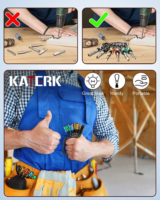 Katerk Portable Bit holder Keychain, 12 pcs 1/4 inch Hex Shank Screwdriver Bits Retainer W/Black Carabiner, Light-weight Extension Bar Drill Screw Adapter Quick-change Bit Catcher (5 Colors)