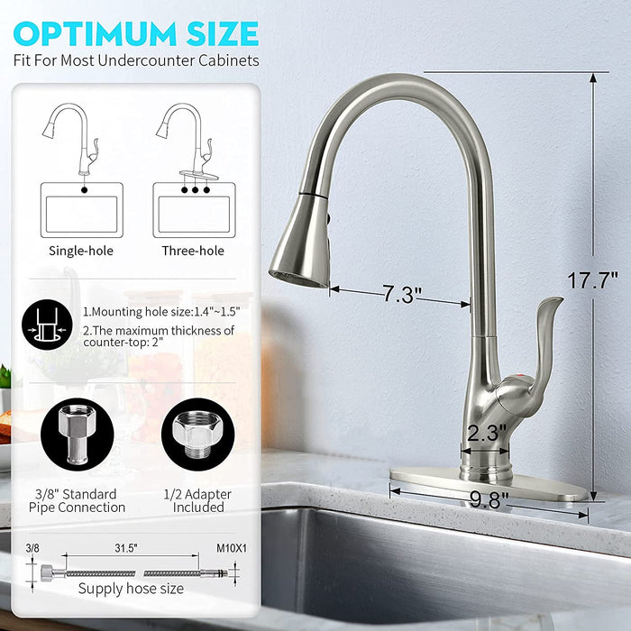 APPASO Patented Kitchen Faucet with Pull Down Sprayer and Soap Dispenser - Single Handle Stainless Steel Brushed Nickel High Arc Pull Out Kitchen Sink Faucets with Deck Plate