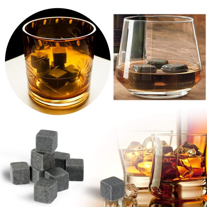 Whiskey Stones Set w/ 9 Granite Whiskey Rocks Bag Reusable Cooling Ice Cubes Chill Your Scotch & Cold Drinks|Packed in Elegant
