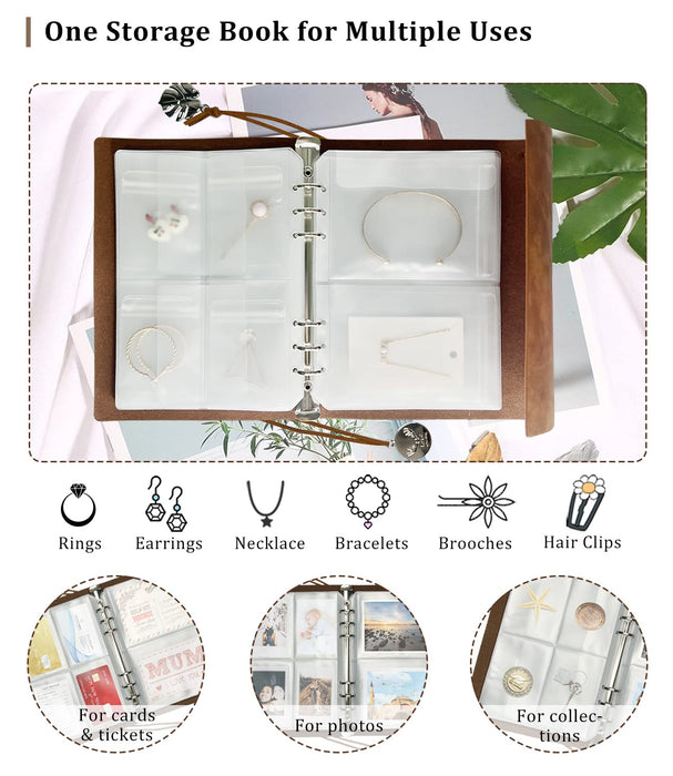 Jewelry Storage Book, PU Leather Travel Jewelry Organizer with Antidrop Pockets, Portable Earrings Travel Album with Transparent