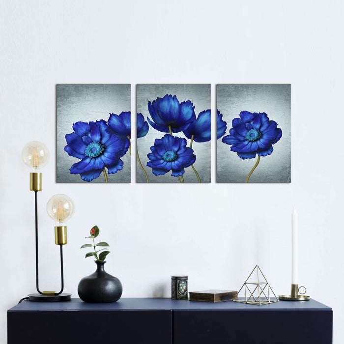 KiteChaser 3 Pcs Blue Flower Wall Art Decor Vintage Flower on Grey Backdrop Pictures Canvas Framed Modern Floral Art Decoration