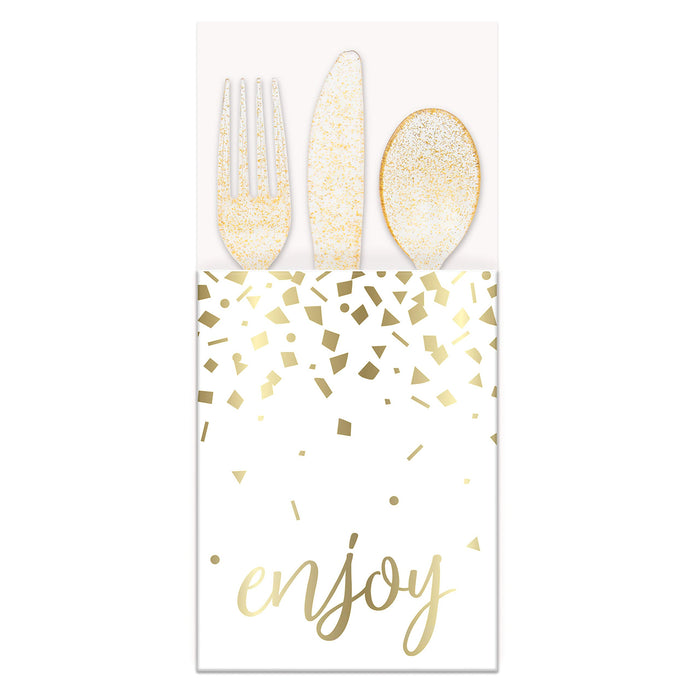 "Enjoy" Gold Foil Confetti Cutlery Pouches (8 Pcs) - 1 Pack