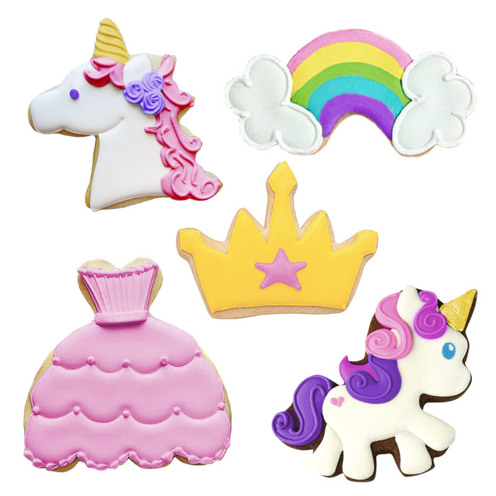 Fairytale Princess Unicorn Cookie Cutter Set 5-Piece with Recipe Booklet, Crown, Dress, Unicorn, Unicorn Head, Rainbow