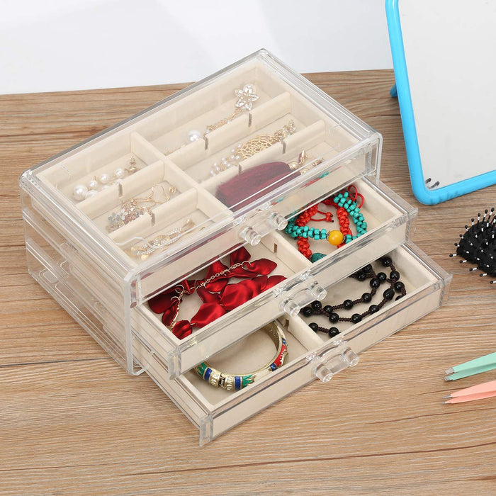 FEISCON Acrylic Jewelry Organizer Makeup Cosmetic Storage Organizer Box Clear Jewelry Case with 3 Drawers Adjustable Jewelry