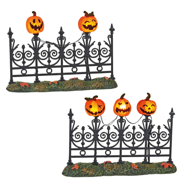 Department 56 6005557 Village Collection Accessories Halloween JackoLantern Miniature Lit Fence Figurine Set, 3 Inch, Multicolor