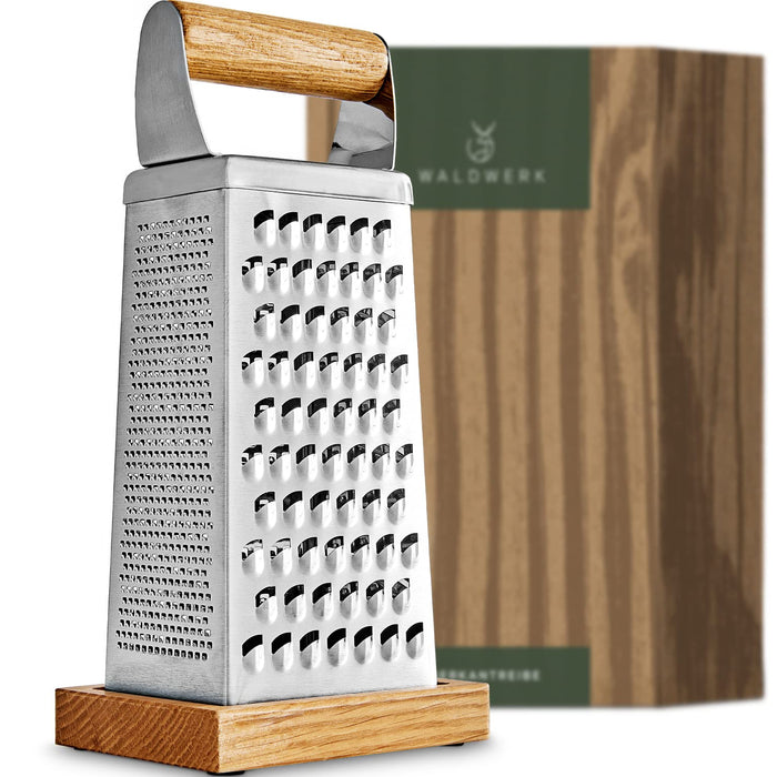 WALDWERK Premium Grater with Etched Stainless Steel Blades - Grater for Kitchen with Oak Wood Base - Box Grater with 4 Sides