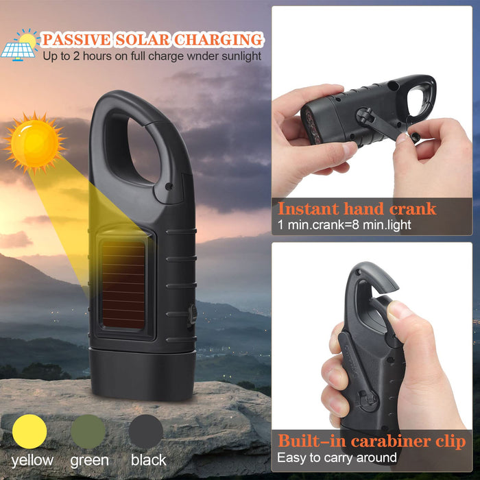 Solar Powered Hand Crank Flashlight Rechargeable LED With Clip Emergency