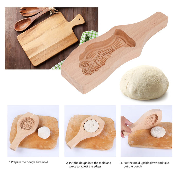 Mooncake Model Wood, Festival Hand-Pressure Moon Cake Model with 3D Flower Pattern Eco-Environmental Baking Decoration Tools for Biscuit Chocolate Pumpkin Pie(fish)