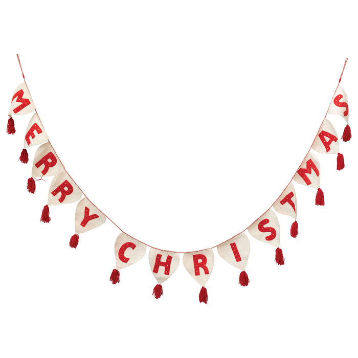 Creative Co-Op 130" Wool Felt Merry Christmas Pennant Banner with Tassels Garland, Red