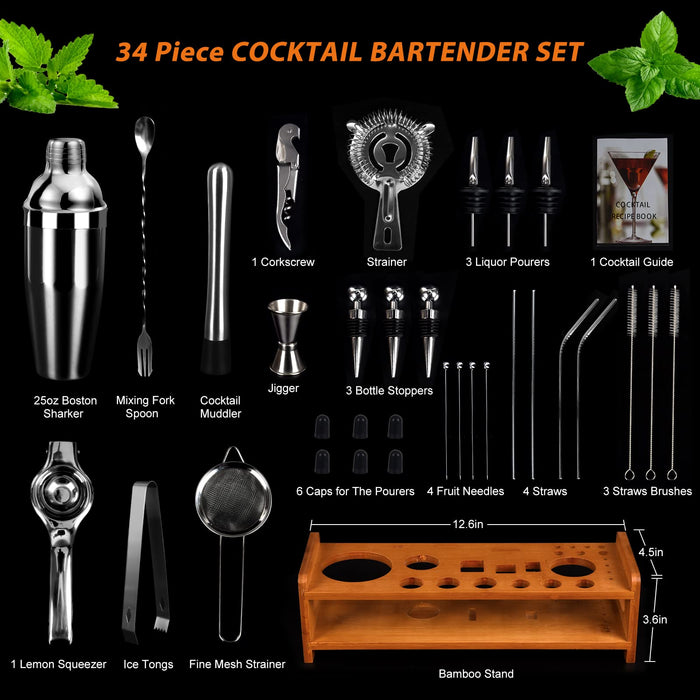 GORGOUS Cocktail Shaker Set Bartenders Kit, 34 Piece Bar Tool Set Drink Mixer Set, with Stylish Bamboo Stand and Recipes Booklet