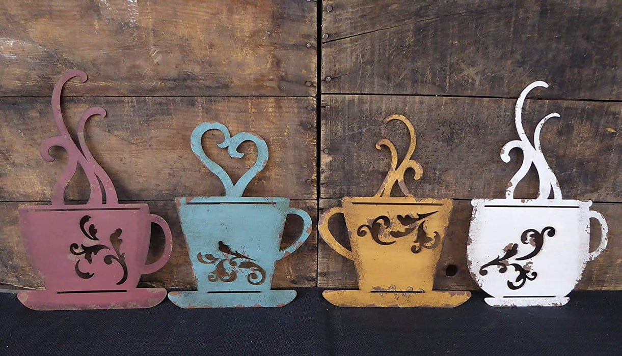 CraftyCrocodile Coffee Cup Wall Decor Metal CafeThemed Decorations Set of 4 Red, Turquoise, Yellow, & White Vintage Mug Art