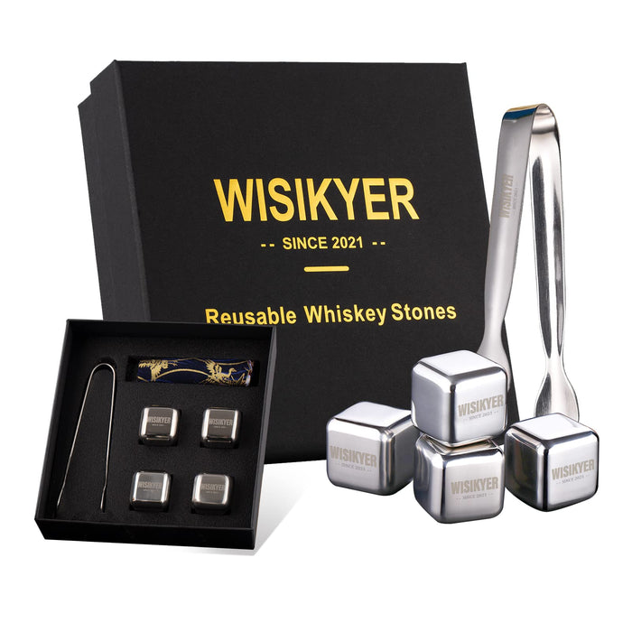 Whiskey Stones Set of 4, Metal Bourbon Ice Cube with Ice Tongs and Storage Bag, Stainless Steel Whiskey Rocks Chilling Stones