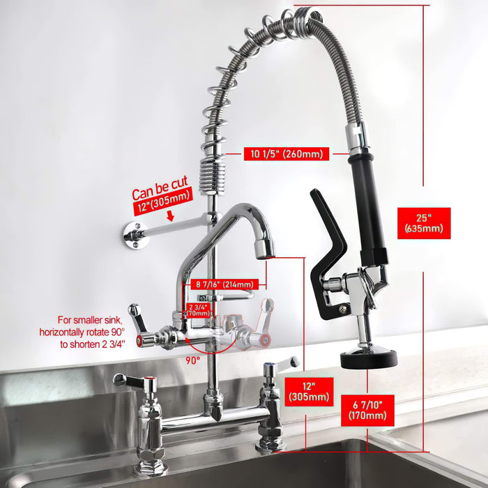 MaxSen Commercial Sink Faucet with Sprayer 8 Inch Center Deck Mount Pre Rinse Faucet 25 Inch Height Restaurant Kitchen Faucet Polished Chrome with Pot Filling and 8 Inch Add On Spout.