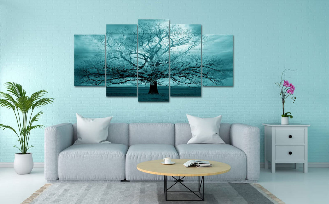 RnnJoile Teal Tree Canvas Wall Art Set of 5 Large Mysterious Tree of Life Painting Nature Theme Artwork for Modern Living Room