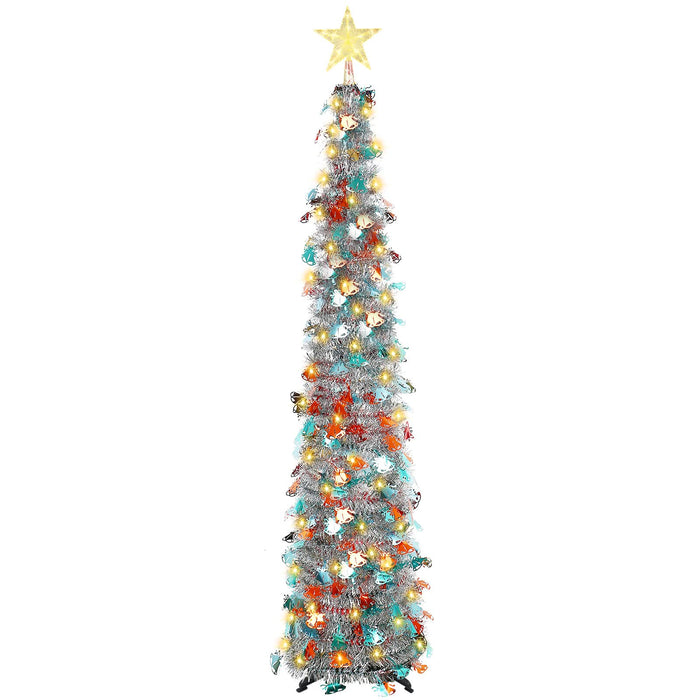 Christmas Tree with 100 LED Lights Star Dome Light 5FT Tinsel Christmas Tree Collapsible Pop Up Artificial Pencil Christmas Tree for Xmas Home Party Fireplace Indoor Outdoor Decor (Sliver)