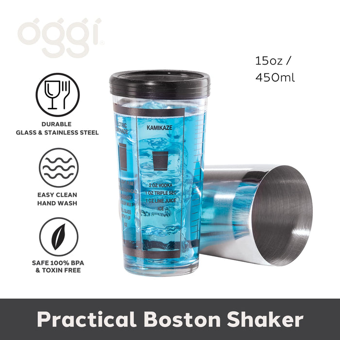 Oggi Boston Cocktail Shaker, 2 pc, Clear, Stainless Steel