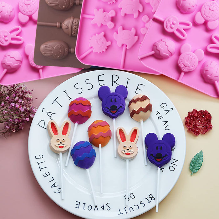 2 Pack Easter Lollipop Silicone Candy Mold Silicon chocolate Lollipop  Moulds 8 Cavity Bunny Egg Moulds Including 80 Lollipop Sticks+100 Pcs Candy