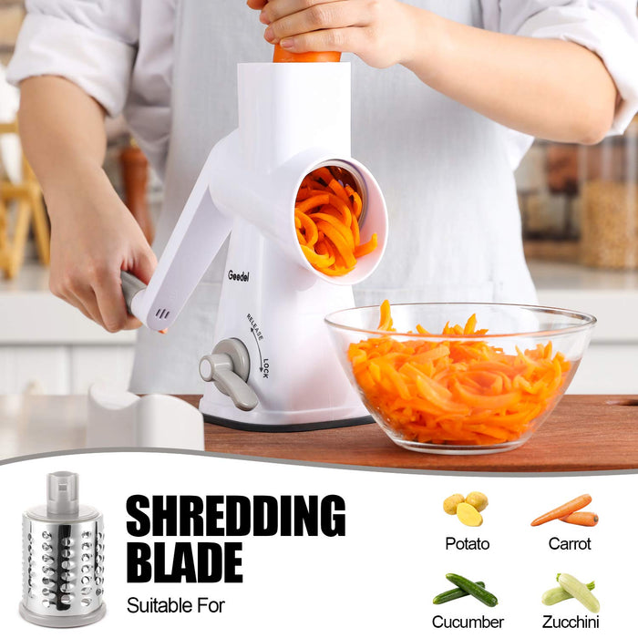 Geedel Rotary Cheese Grater, Kitchen Mandoline Vegetable Slicer  with 3 Interchangeable Blades, Easy to Clean Rotary Grater Slicer for  Fruit, Vegetables, Nuts: Home & Kitchen