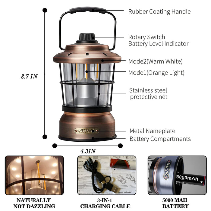 Camping Lantern Rechargeable, 1500LM Dimmable LED Vintage Lanterns