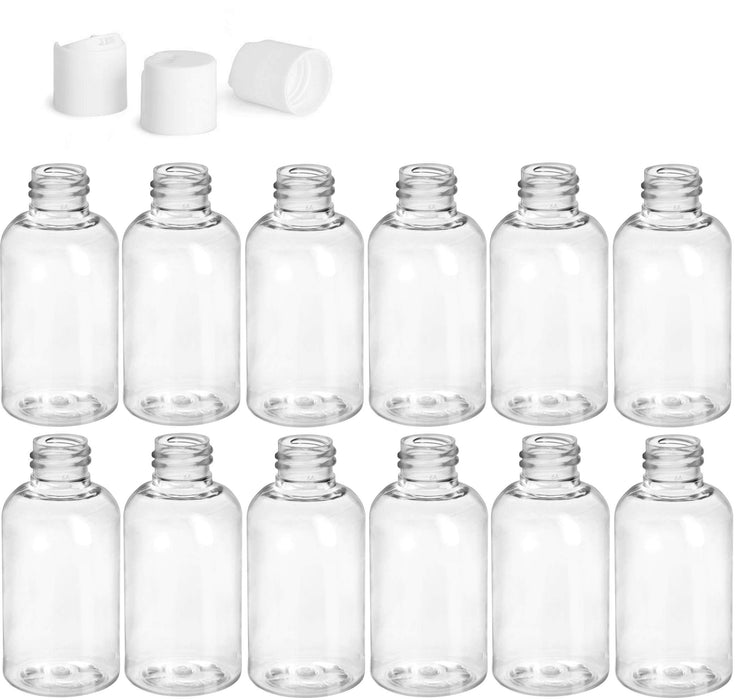 2 oz Clear PET Plastic Refillable Bottles with Black Disc Top Caps