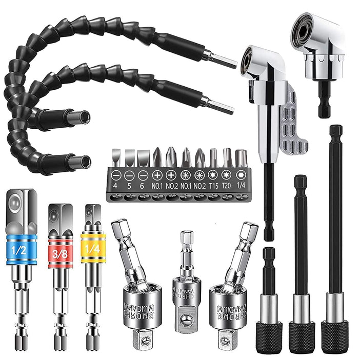 90/105 Degree Right Angle Drill 5 PCS Angle Extension Power Drill  Attachment with 1/4'' Hex Impact Shank Flexible Shaft Adapter Magnetic  Socket Angled