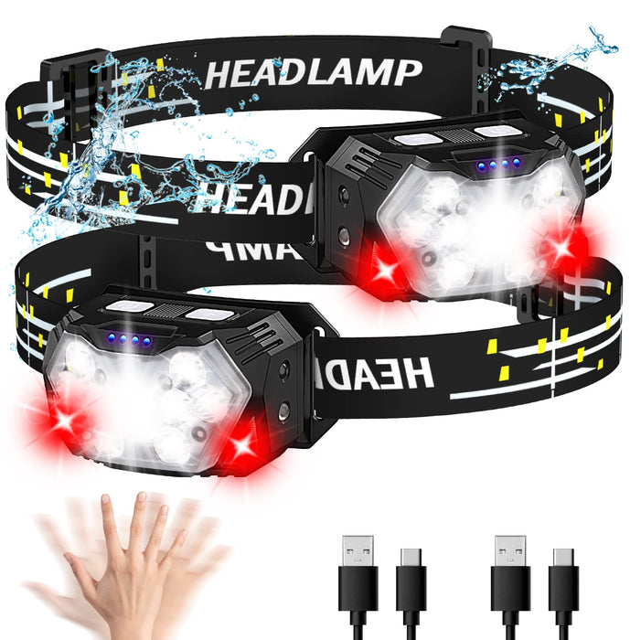 Headlamp Rechargeable,2 Pack 2000 Lumen Ultra Bright Led Headlamp,16 Modes  Motion Sensor Head Lamp,Waterproof Lightweight White Red LED Flashlight for