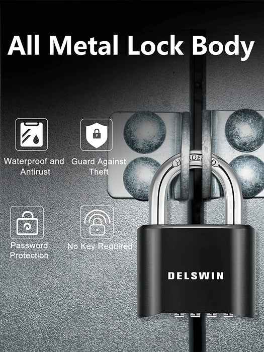 DELSWIN 4-Digit Combination Lock Outdoor Padlock - Heavy Duty Locker Lock  with Hardened Steel Shackle, Waterproof Combo Lock for Gym Locker, Hasp