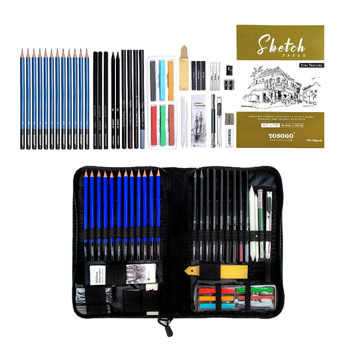 Complete Drawing Sketch Kit w/Pencils, Charcoal Sticks, Sketchbook