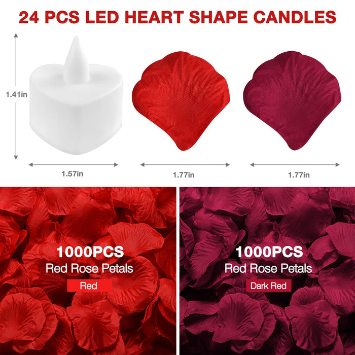 1000 Pieces Artificial Rose Petal With 24 Pieces Romantic Heart Candles  Flameless Romantic Led Tealight Candle For Romantic Night Birthday  Valentine S