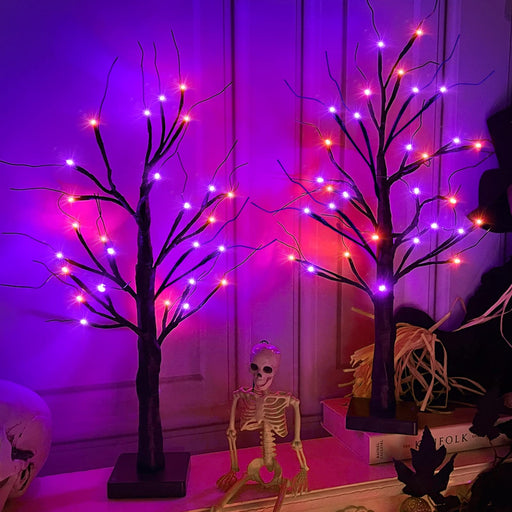 2' Purple and Orange LED Halloween Willow Bonsai Tree