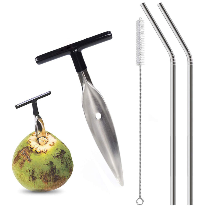 Coconut Opener Tool - KINGOU Green Coconuts Stainless Steel Opening Utensil Comes with 2 Straw and Tube Brush