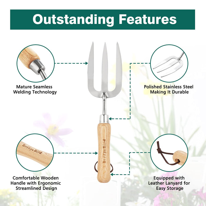 Berry&Bird Gardening Hand Fork, Stainless Steel Hand Weed Fork, Traditional Garden Hand Fork Tool with Ergonomic Ash Wood Handle for Weeding, Digging, Planting and Cultivating