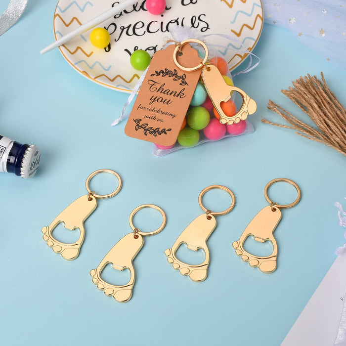 50 Pieces Footprint Bottle Opener Baby Shower Favors for Guest with Key chain and Organza Bags Tags (gold)