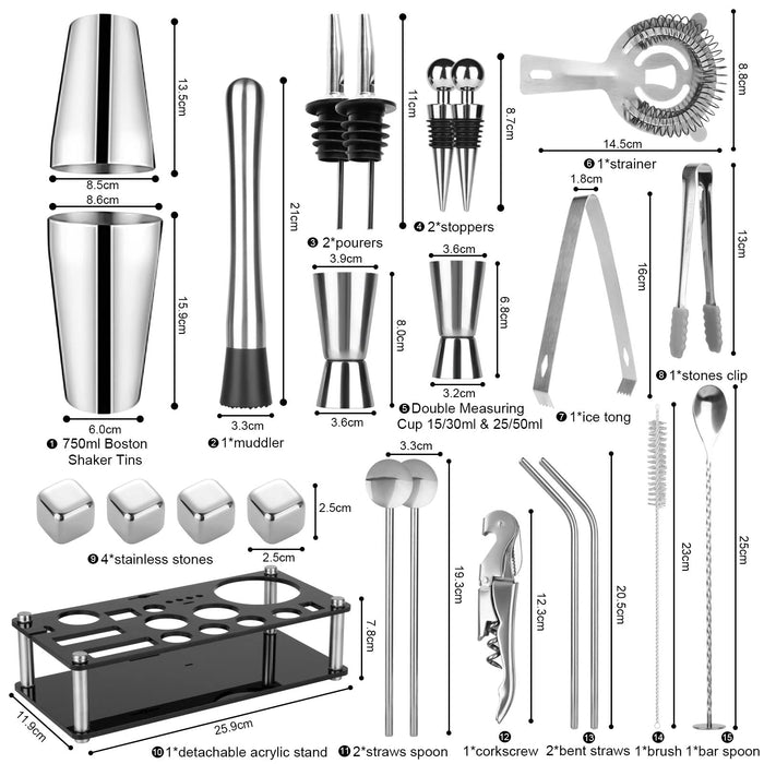 Farafox Cocktail Shaker Set Bartenders Kit,23 PCS Boston Bar Tool Set with Acrylic Stand, Professional Bar Tools for Drink Mixing