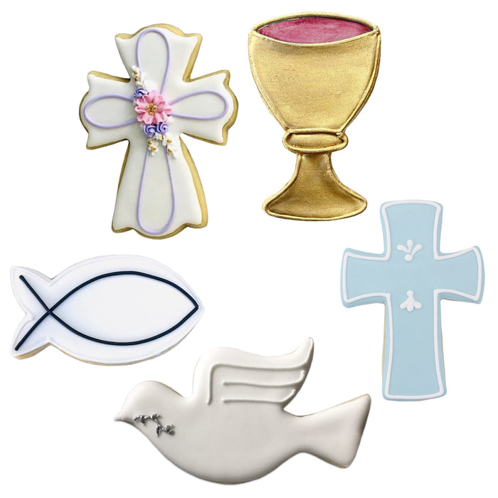 Communion Baptism Confirmation Easter Cookie Cutter Set, 5-Piece Chalice, Jesus Fish, Holy Cross, Dove, Fancy Cross