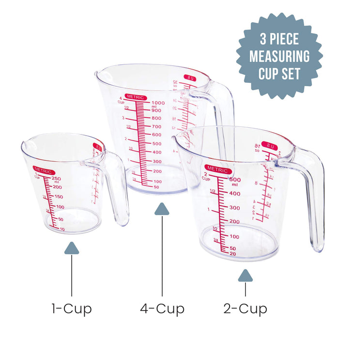 Vremi 3 Piece Plastic Measuring Cups Set - BPA Free Liquid Nesting Stackable Measuring Cups with Spout and Decorative Red Blue