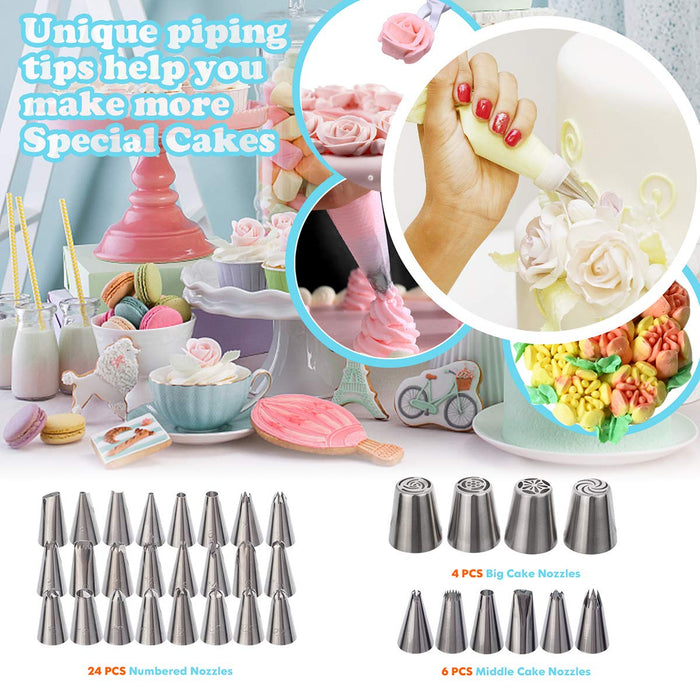 Cake Decorating Supplies Kit 2020 Newest 206 PCS Baking Set for Beginners  With Cake Turntable Stand Rotating Turntable,Russian Piping Tips Set, Cake