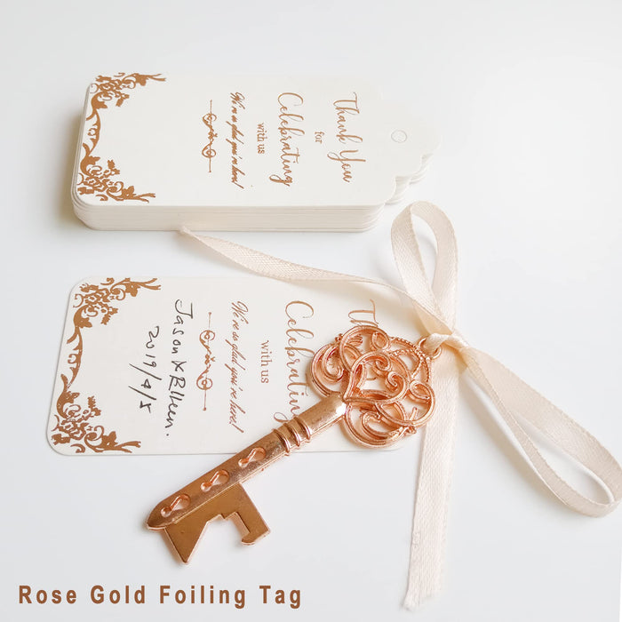 EFOXMOKO 25 Rose Gold Skeleton Key Bottle Opener & Rose Gold Foil Tag (Light Peach Color Ribbon). Quinceanera Bridal Shower Party