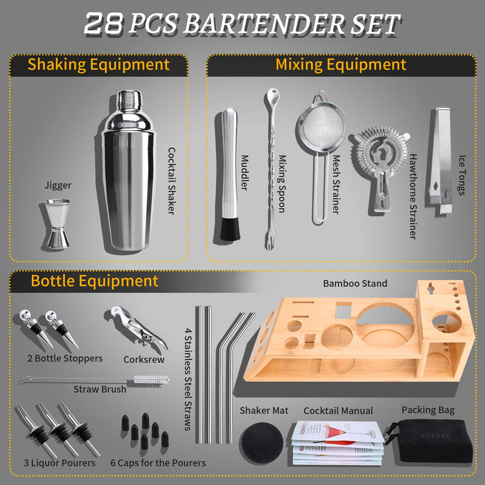 28Pcs Cocktail Shaker Set Bartenders Kit with Bamboo Stand, Stainless Steel Martini Shaker and Jigger, Bartenders Bar Tool Set