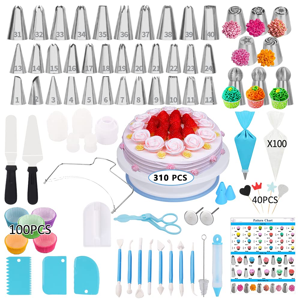 Cake Decorating Supplies Kit 2020 Newest 206 PCS Baking Set for Beginners  With Cake Turntable Stand Rotating Turntable,Russian Piping Tips Set, Cake