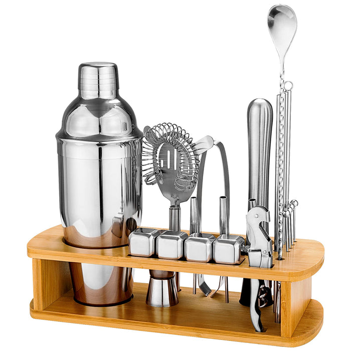 25-Piece Cocktail Shaker Set with Bamboo Stand, 304 Stainless Steel Bartenders Kit, Professional Martini Shaker Bar Tool Set